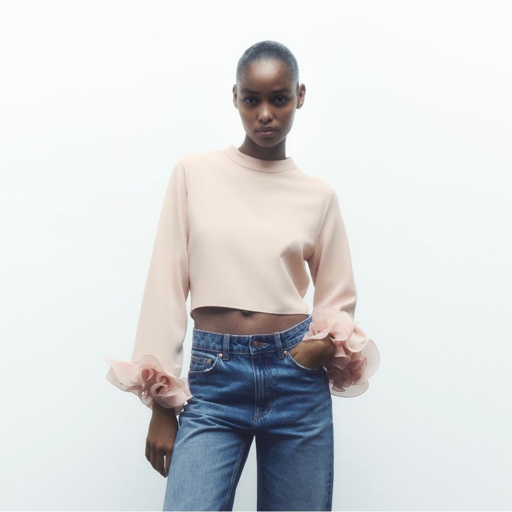 Zara pleated ruffle sleeve top NWT